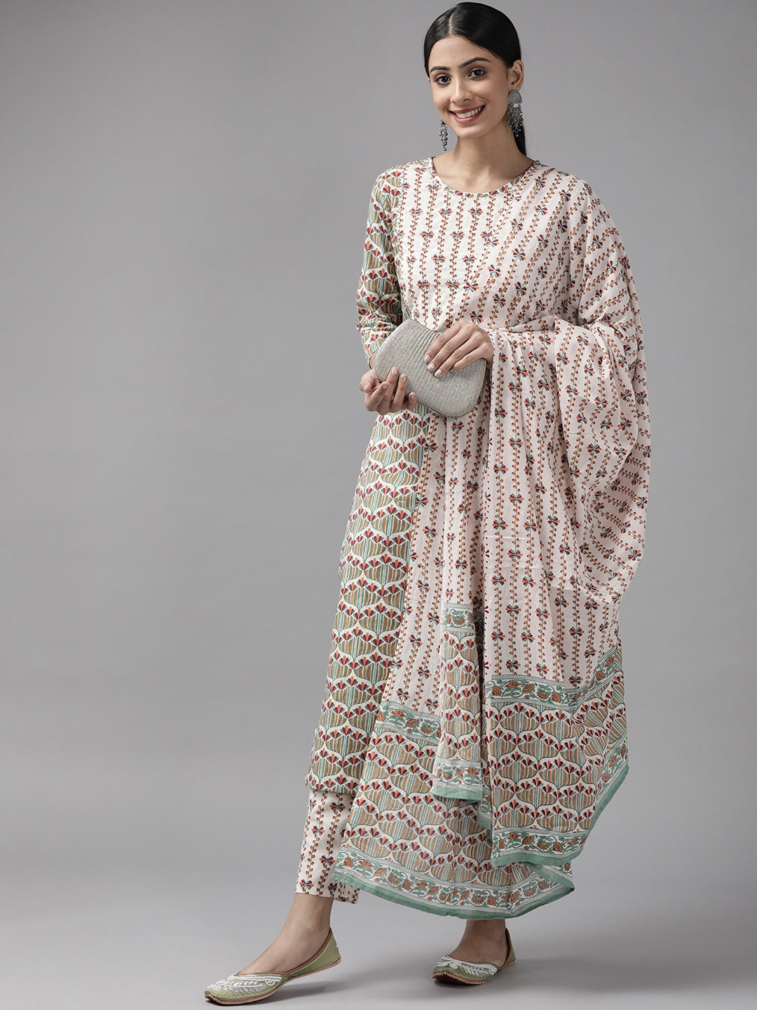 White Printed Dupatta Set-Yufta Store-9692SKDWHS