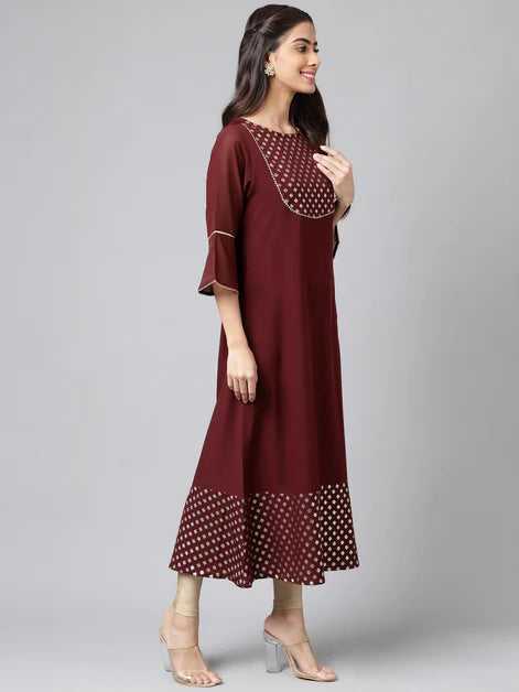 Wine Crepe Foil Printed A-Line Kurta Orchids Boutique