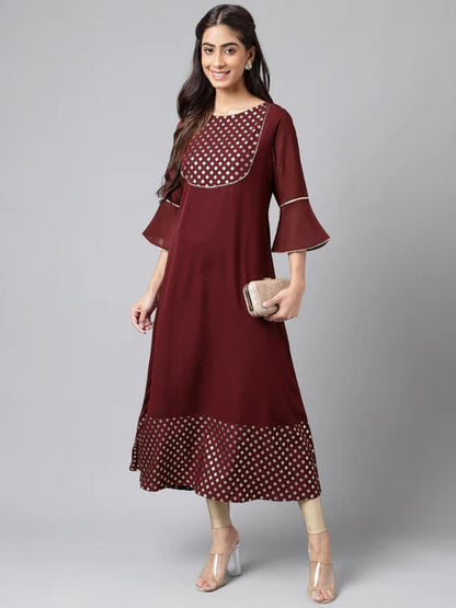 Wine Crepe Foil Printed A-Line Kurta Orchids Boutique