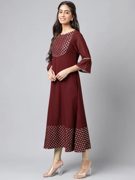 Wine Crepe Foil Printed A-Line Kurta Orchids Boutique