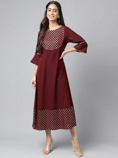 Wine Crepe Foil Printed A-Line Kurta Orchids Boutique