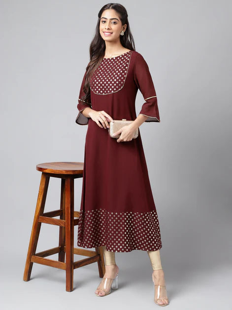 Wine Crepe Foil Printed A-Line Kurta Orchids Boutique