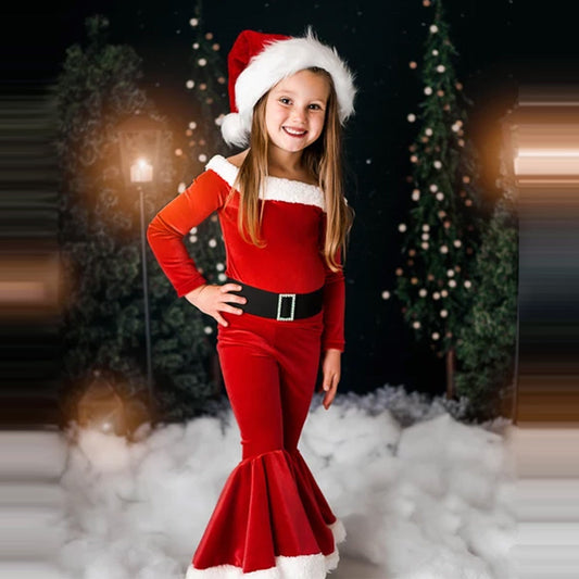 Winter Christmas Long-sleeved Shirt Bell Bottoms Hat Three-piece Children's Clothing Orchids Boutique