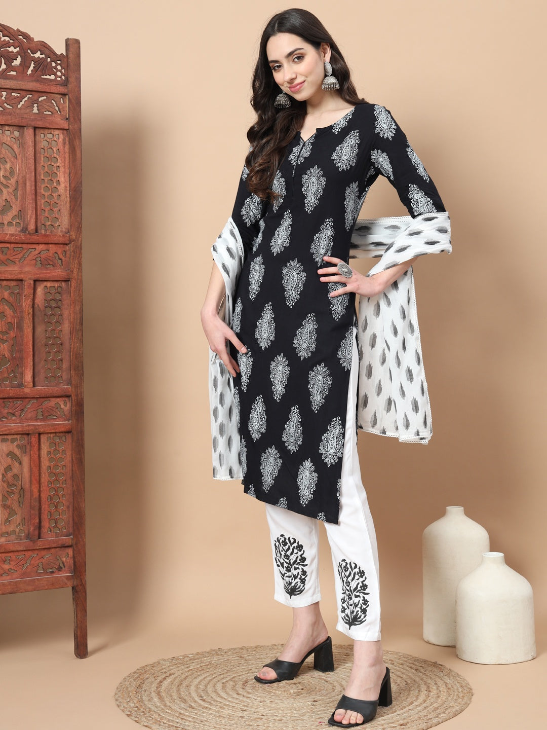 Women Black Paisley Print Rayon Kurta With Hand Block Print Palazzo & Dupatta-Yufta Store-7298SKDBKS