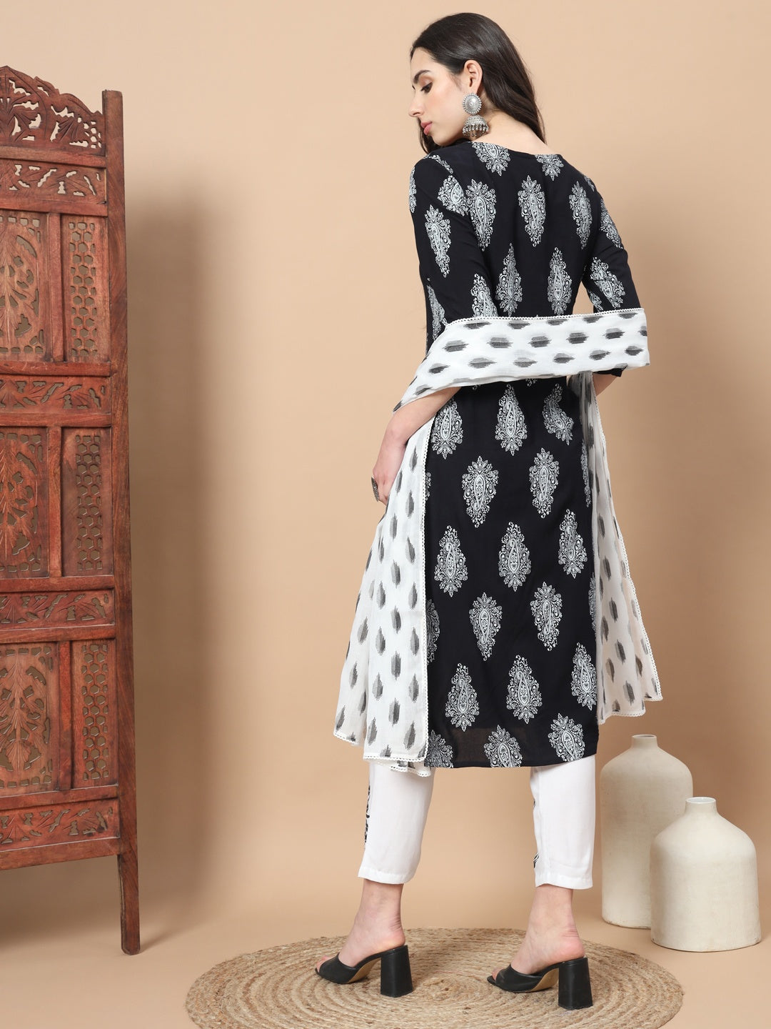 Women Black Paisley Print Rayon Kurta With Hand Block Print Palazzo & Dupatta-Yufta Store-7298SKDBKS