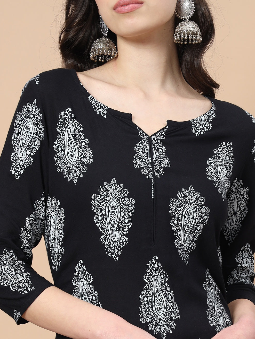 Women Black Paisley Print Rayon Kurta With Hand Block Print Palazzo & Dupatta-Yufta Store-7298SKDBKS