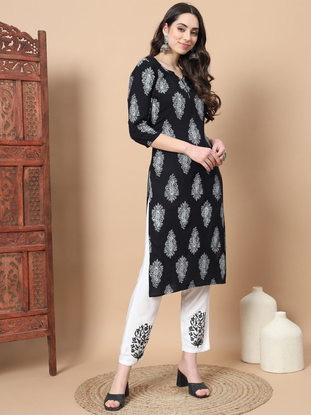 Women Black Paisley Print Rayon Kurta With Hand Block Print Palazzo & Dupatta-Yufta Store-7298SKDBKS