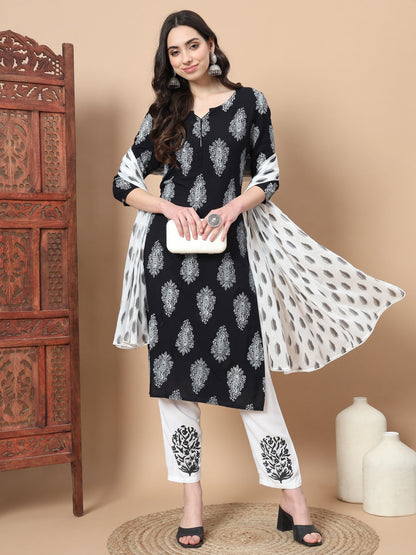 Women Black Paisley Print Rayon Kurta With Hand Block Print Palazzo & Dupatta-Yufta Store-7298SKDBKS