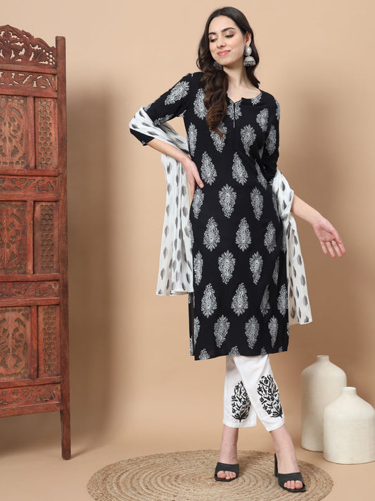 Women Black Paisley Print Rayon Kurta With Hand Block Print Palazzo & Dupatta-Yufta Store-7298SKDBKS