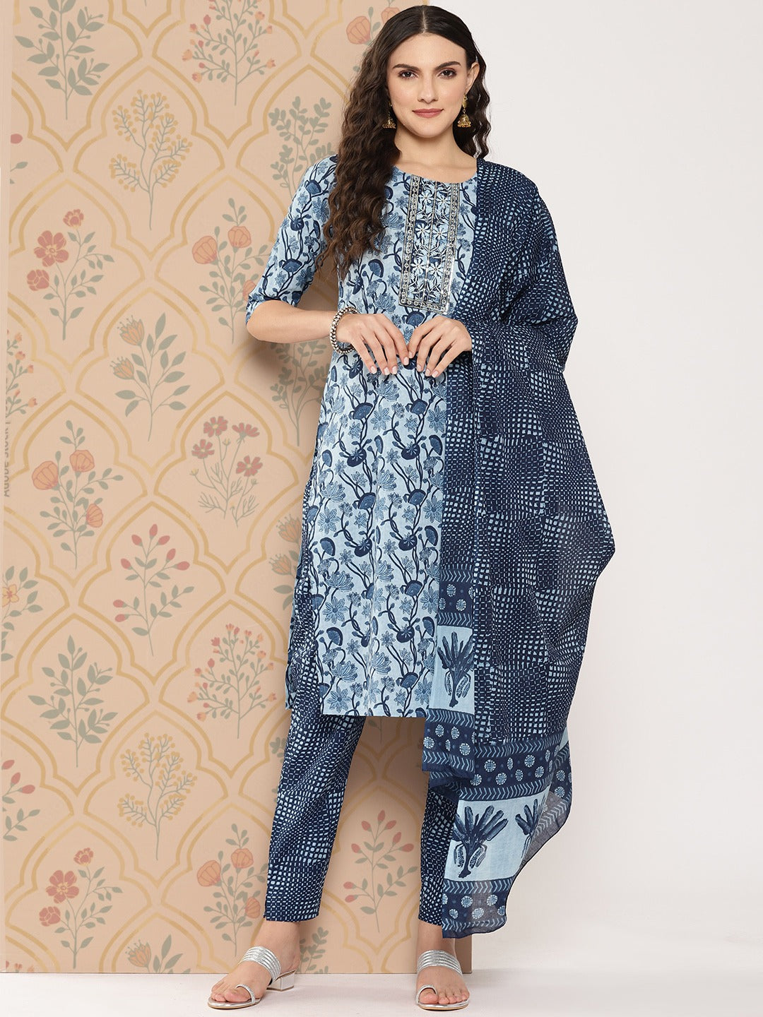 Women Floral Embroidered Regular Zardozi Pure Cotton Kurta with Trousers & Dupatta Set-Yufta Store-1449SKDBLS