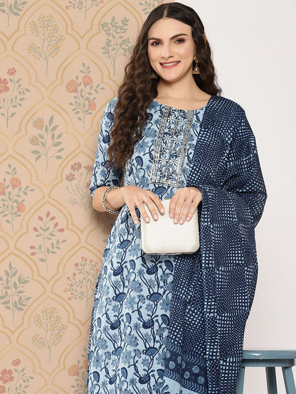 Women Floral Embroidered Regular Zardozi Pure Cotton Kurta with Trousers & Dupatta Set-Yufta Store-1449SKDBLS