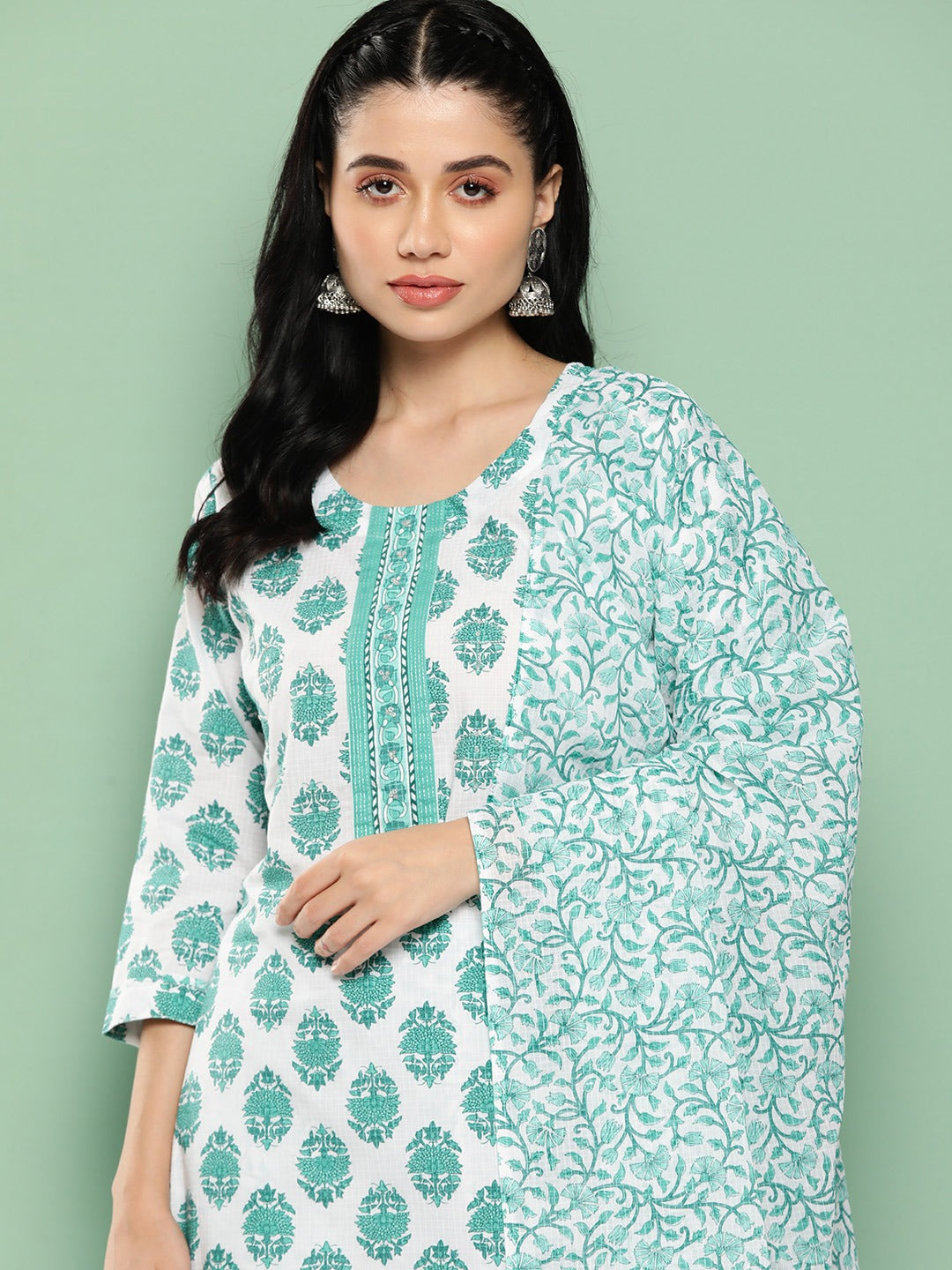 Women Floral Regular Pure Cotton Kurta with Trousers & Dupatta-Yufta Store-1365SKDWHS