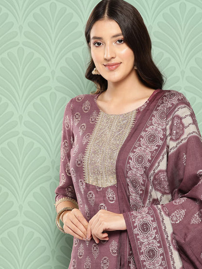 Women Floral Yoke Design Regular Chanderi Silk Kurta with Trousers & Dupatta-Yufta Store-1530SKDPRS