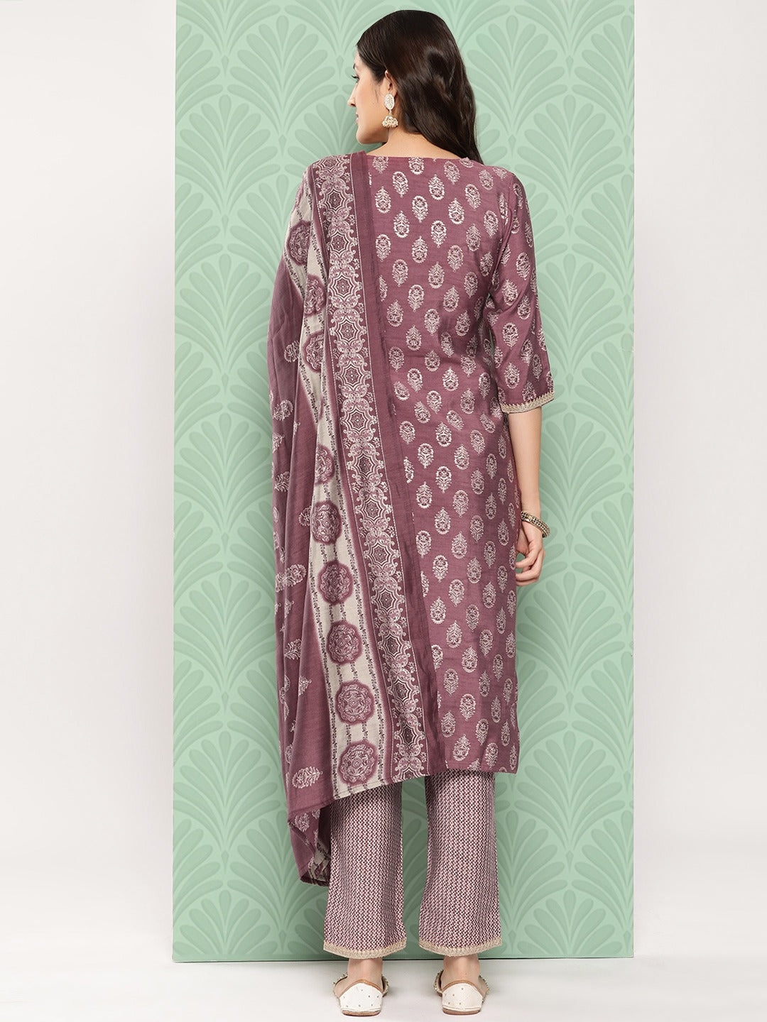 Women Floral Yoke Design Regular Chanderi Silk Kurta with Trousers & Dupatta-Yufta Store-1530SKDPRS