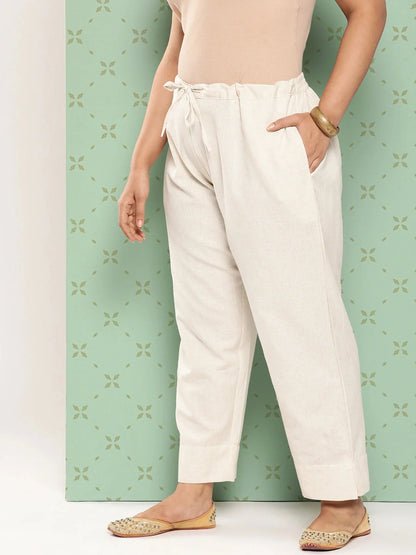 Women Plus Size Cream Pure Cotton Ethnic Trousers-Yufta Store-4206PPNTCR3XL