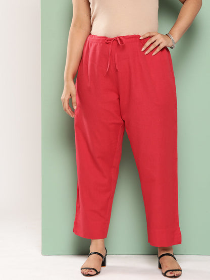 Women Plus Size Red Cotton Ethnic Trousers-Yufta Store-4206PPNTRD3XL