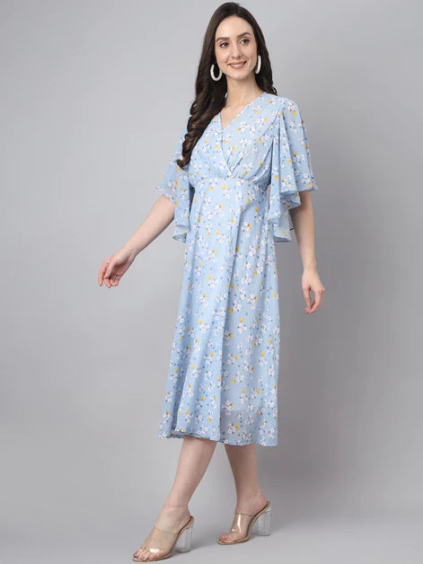 Women's Blue Georgette Floral Print Flared Western Dress Orchids Boutique