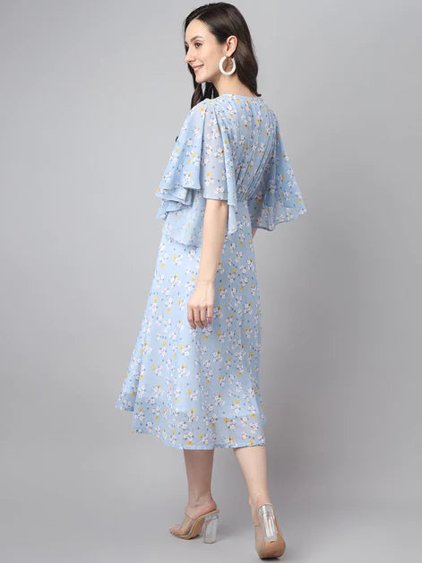 Women's Blue Georgette Floral Print Flared Western Dress Orchids Boutique