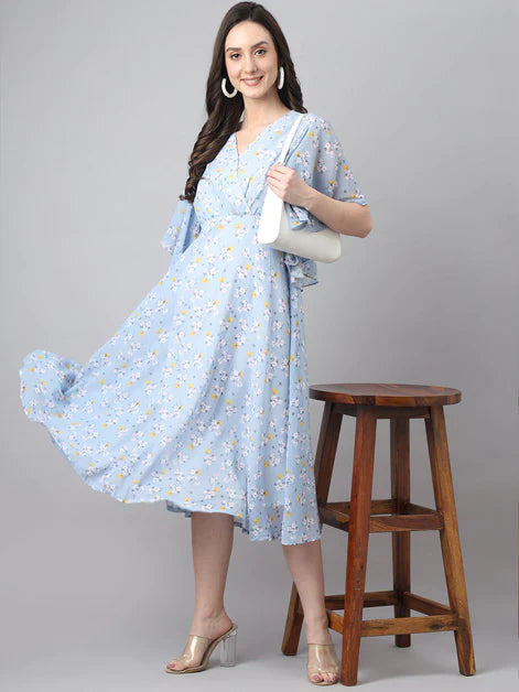 Women's Blue Georgette Floral Print Flared Western Dress Orchids Boutique