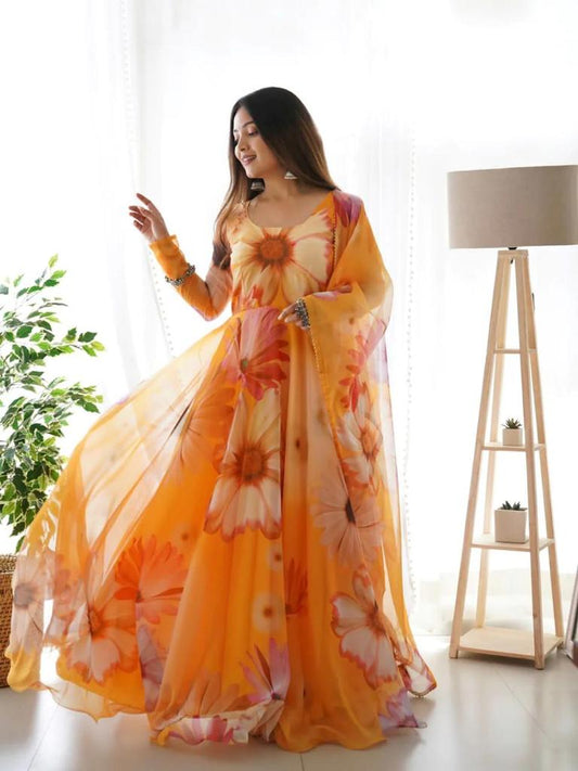 YELLOW ORGANZA GOWN WITH DUPPATTA Orchids Boutique