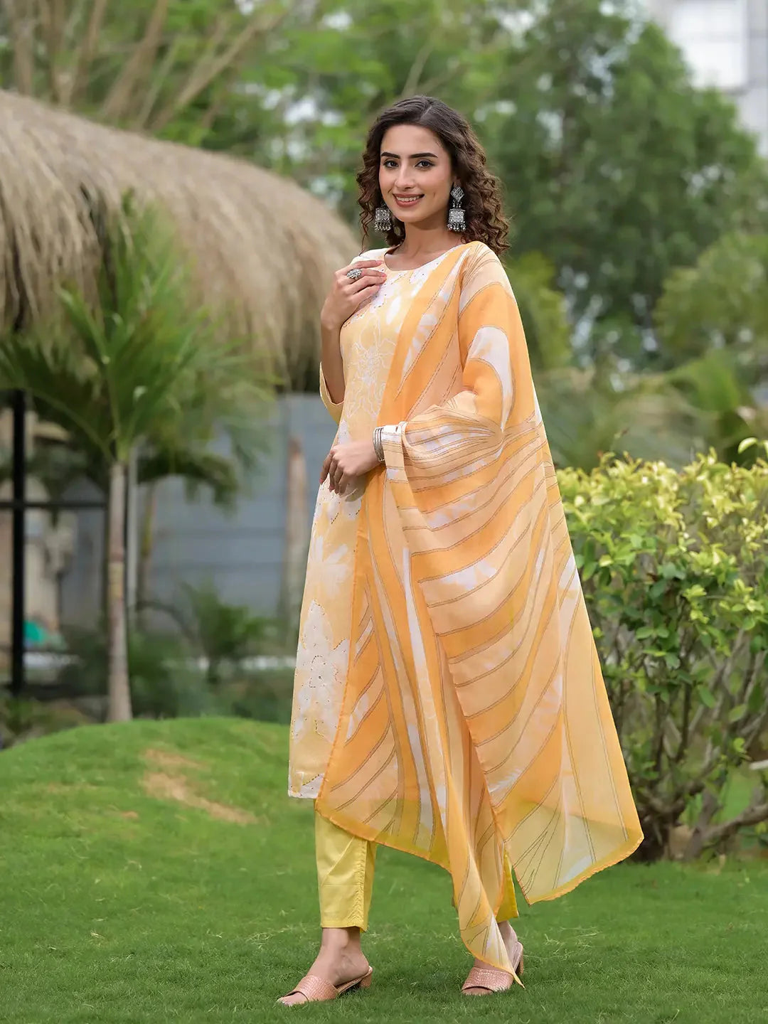 Yellow Digital Print Linen Cotton Have A Lining Kurta Trouser And Dupatta Set-Yufta Store-6866SKDYLS