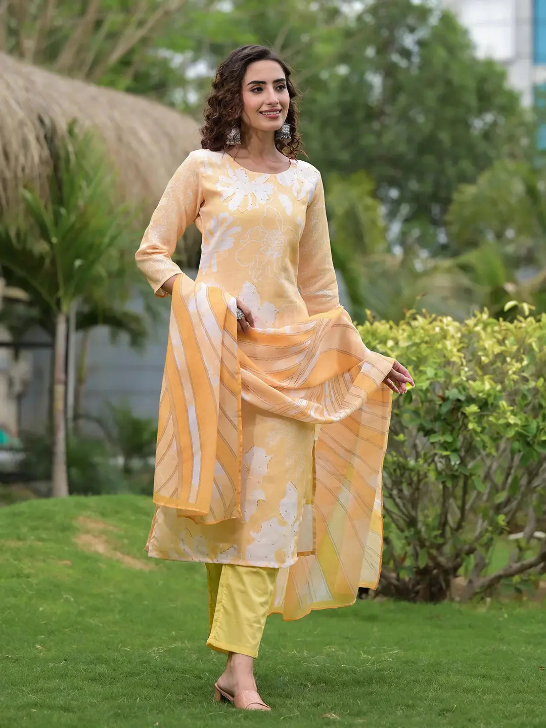 Yellow Digital Print Linen Cotton Have A Lining Kurta Trouser And Dupatta Set-Yufta Store-6866SKDYLS