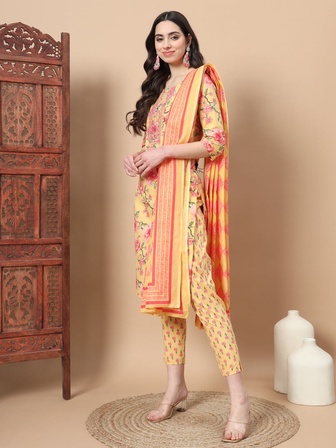 Yellow Ethnic Motifs Cotton Kurta Dupatta Set-Yufta Store-6815SKDYLS