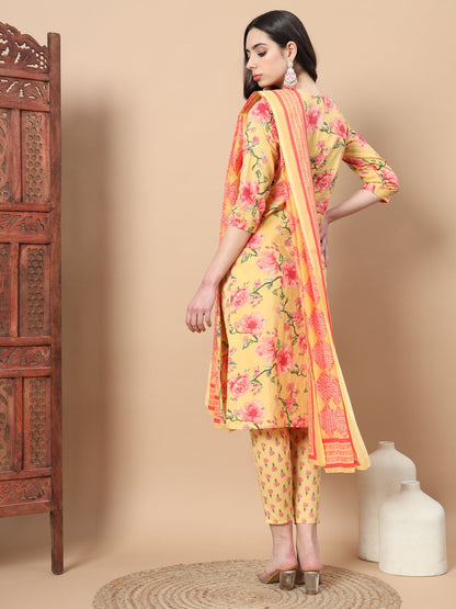 Yellow Ethnic Motifs Cotton Kurta Dupatta Set-Yufta Store-6815SKDYLS