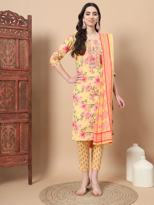 Yellow Ethnic Motifs Cotton Kurta Dupatta Set-Yufta Store-6815SKDYLS