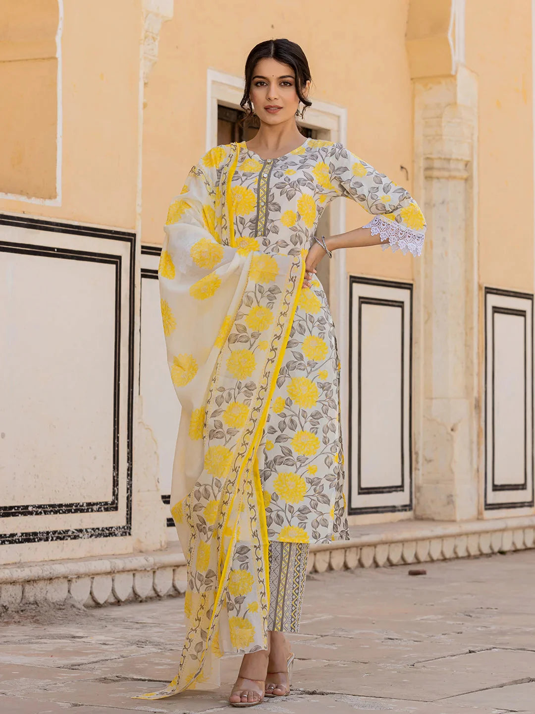 Yellow Floral Print Straight Kurta Trouser And Dupatta Set-Yufta Store-6864SKDYLS