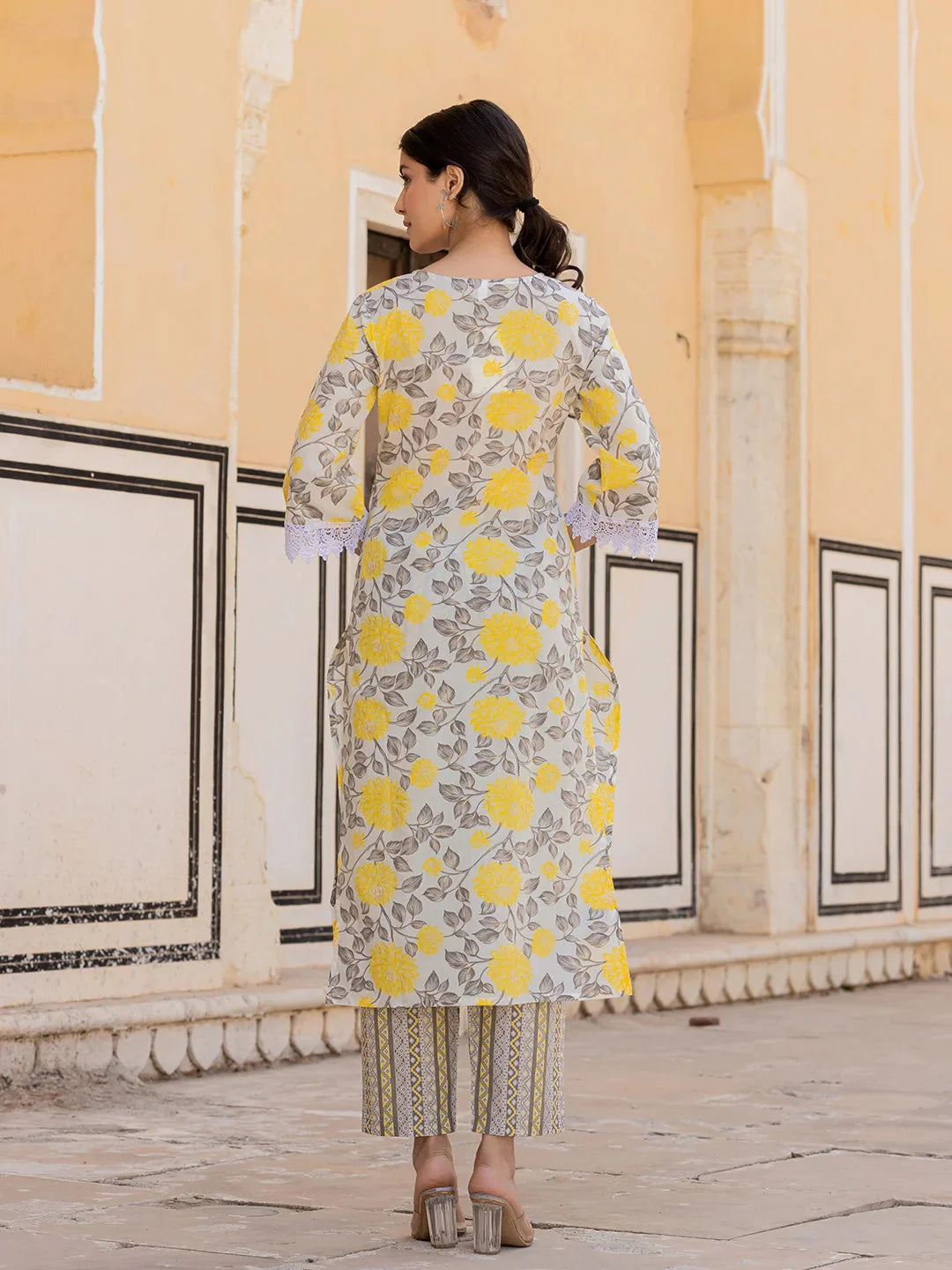 Yellow Floral Print Straight Kurta Trouser And Dupatta Set-Yufta Store-6864SKDYLS