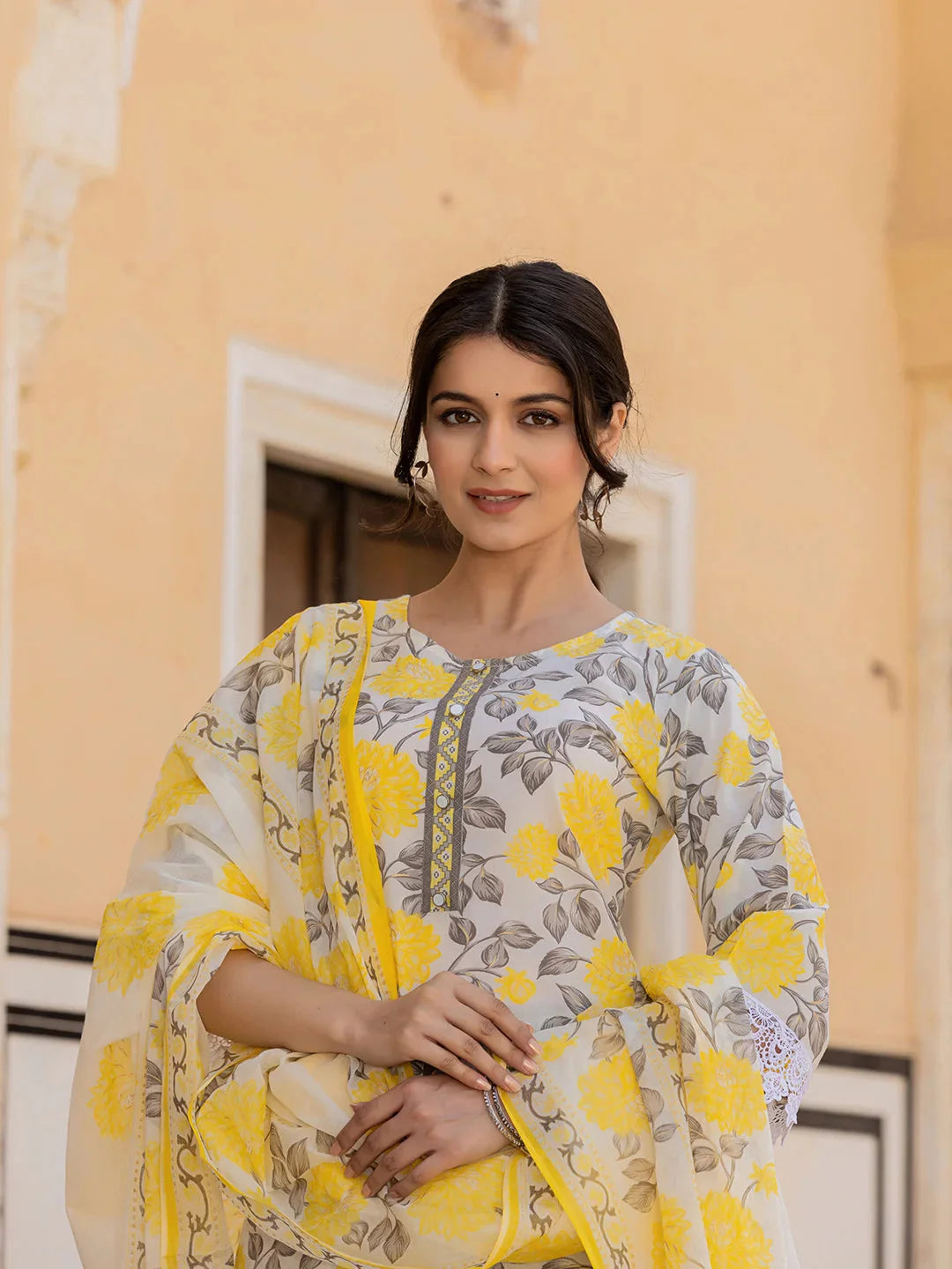 Yellow Floral Print Straight Kurta Trouser And Dupatta Set-Yufta Store-6864SKDYLS