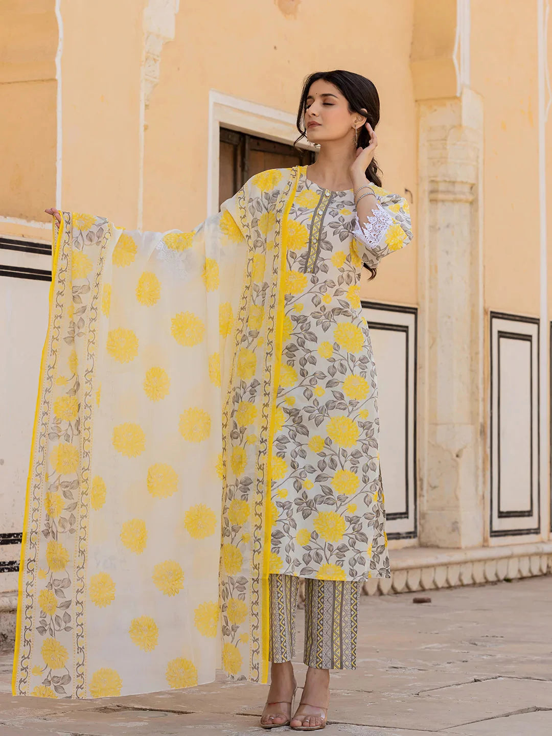 Yellow Floral Print Straight Kurta Trouser And Dupatta Set-Yufta Store-6864SKDYLS