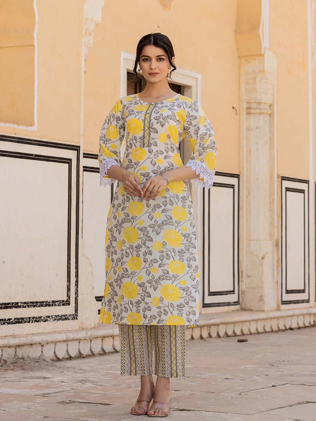 Yellow Floral Print Straight Kurta Trouser And Dupatta Set-Yufta Store-6864SKDYLS