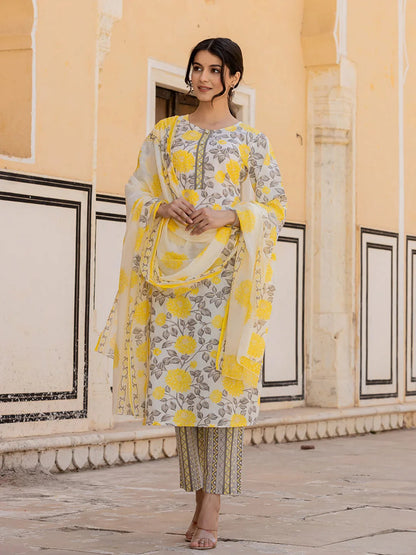 Yellow Floral Print Straight Kurta Trouser And Dupatta Set-Yufta Store-6864SKDYLS