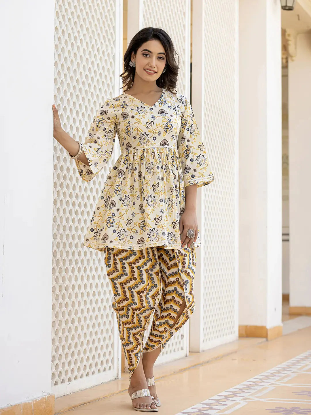 Yellow Floral Printed Peplum Gotta Patti Pure Cotton Kurti with Dhoti Pants Set-Yufta Store-1396SETYLS