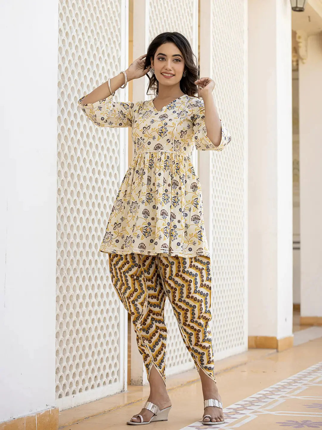 Yellow Floral Printed Peplum Gotta Patti Pure Cotton Kurti with Dhoti Pants Set-Yufta Store-1396SETYLS