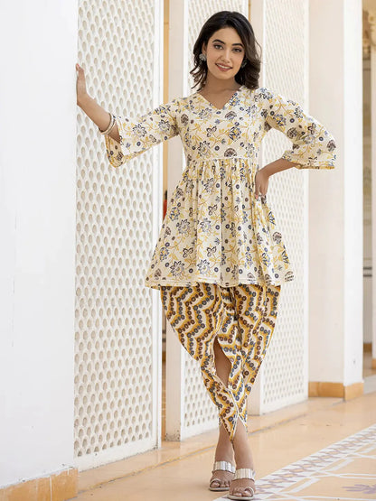 Yellow Floral Printed Peplum Gotta Patti Pure Cotton Kurti with Dhoti Pants Set-Yufta Store-1396SETYLS