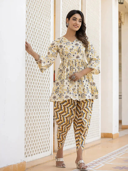 Yellow Floral Printed Peplum Gotta Patti Pure Cotton Kurti with Dhoti Pants Set-Yufta Store-1396SETYLS