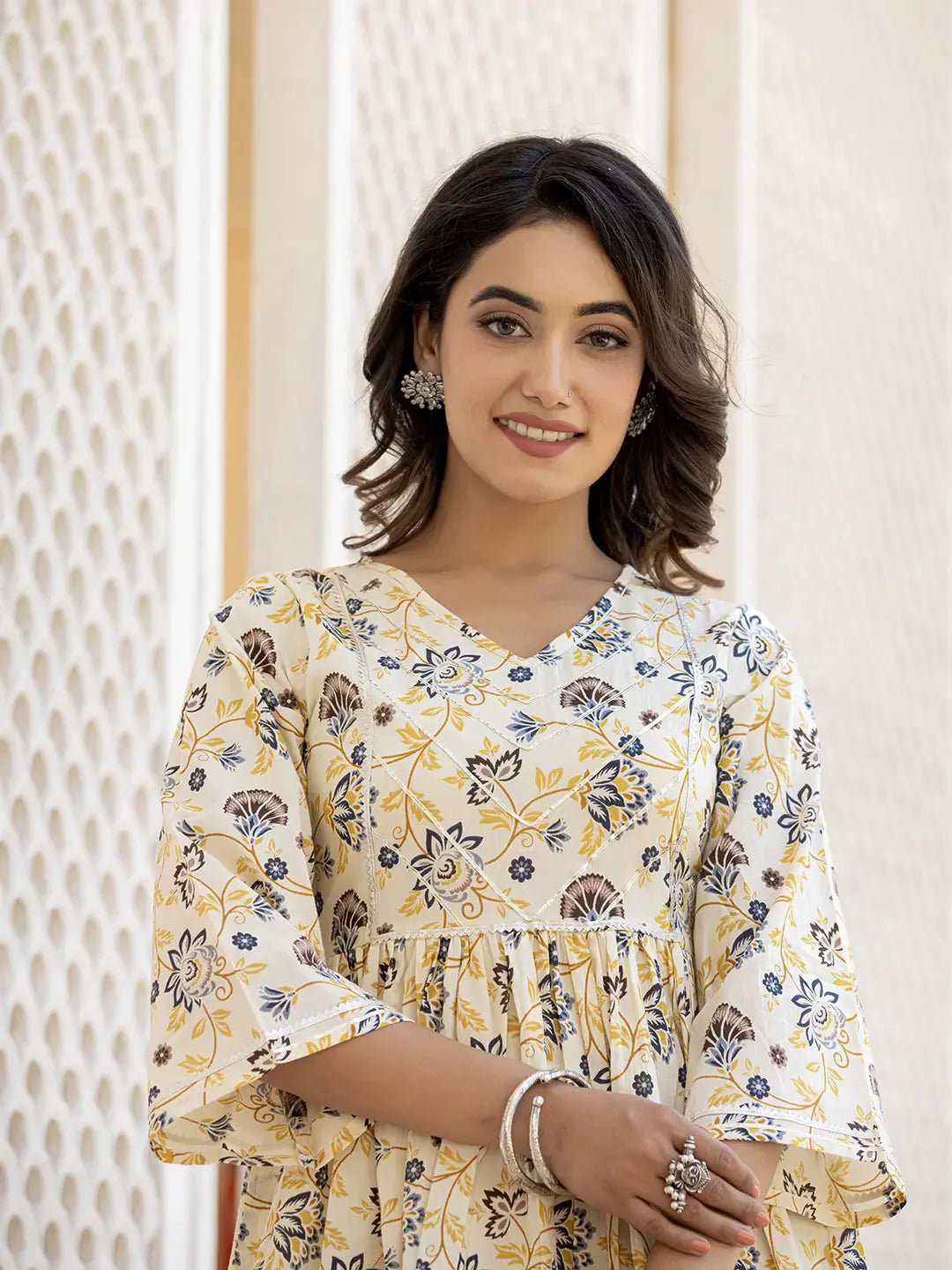 Yellow Floral Printed Peplum Gotta Patti Pure Cotton Kurti with Dhoti Pants Set-Yufta Store-1396SETYLS