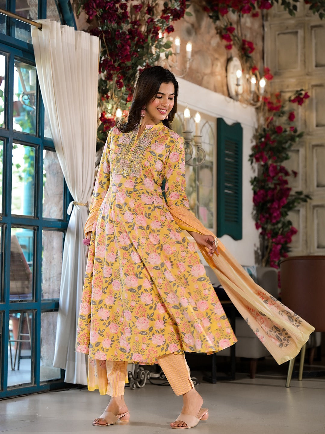 Yellow Floral Sequins_Work Kurta Trouser With Dupatta Set-Yufta Store-1761SKDYLS