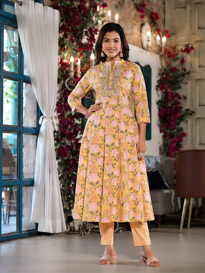 Yellow Floral Sequins_Work Kurta Trouser With Dupatta Set-Yufta Store-1761SKDYLS