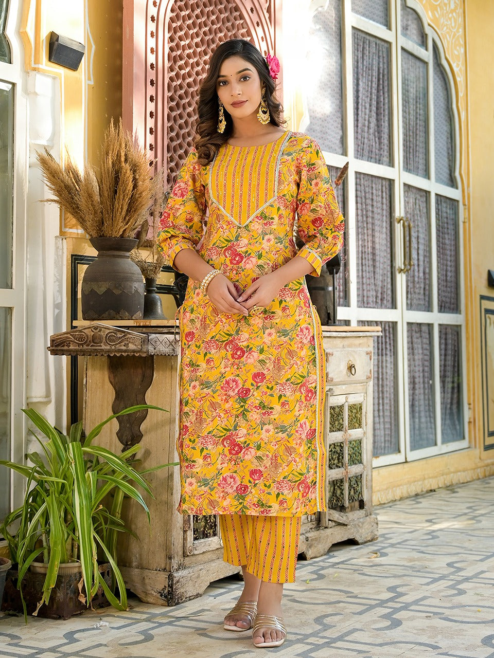 Yellow Floral print Kurta Trouser with Dupatta Set-Yufta Store-1525SKDYLS