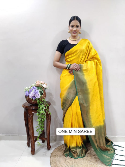 Yellow Kubera Pattu One Min Saree Ready to Wear Saree Orchids Boutique