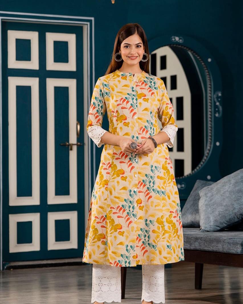 Yellow Princess Cut Kurti with Crochet sleeves Orchids Boutique