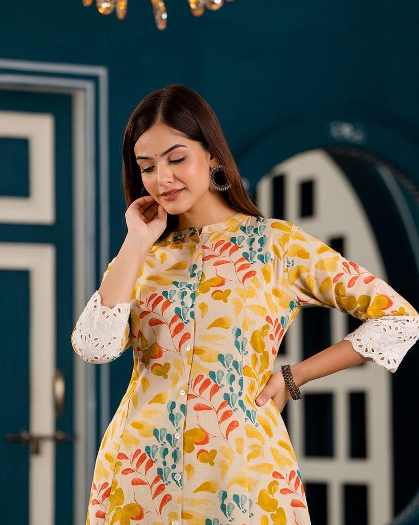 Yellow Princess Cut Kurti with Crochet sleeves Orchids Boutique