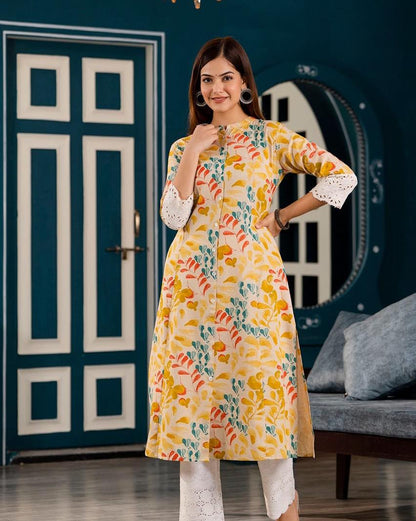 Yellow Princess Cut Kurti with Crochet sleeves Orchids Boutique