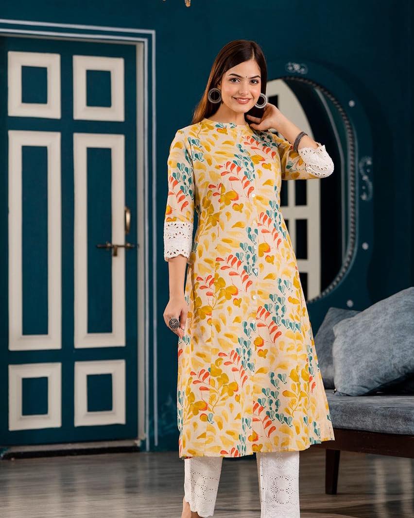 Yellow Princess Cut Kurti with Crochet sleeves Orchids Boutique