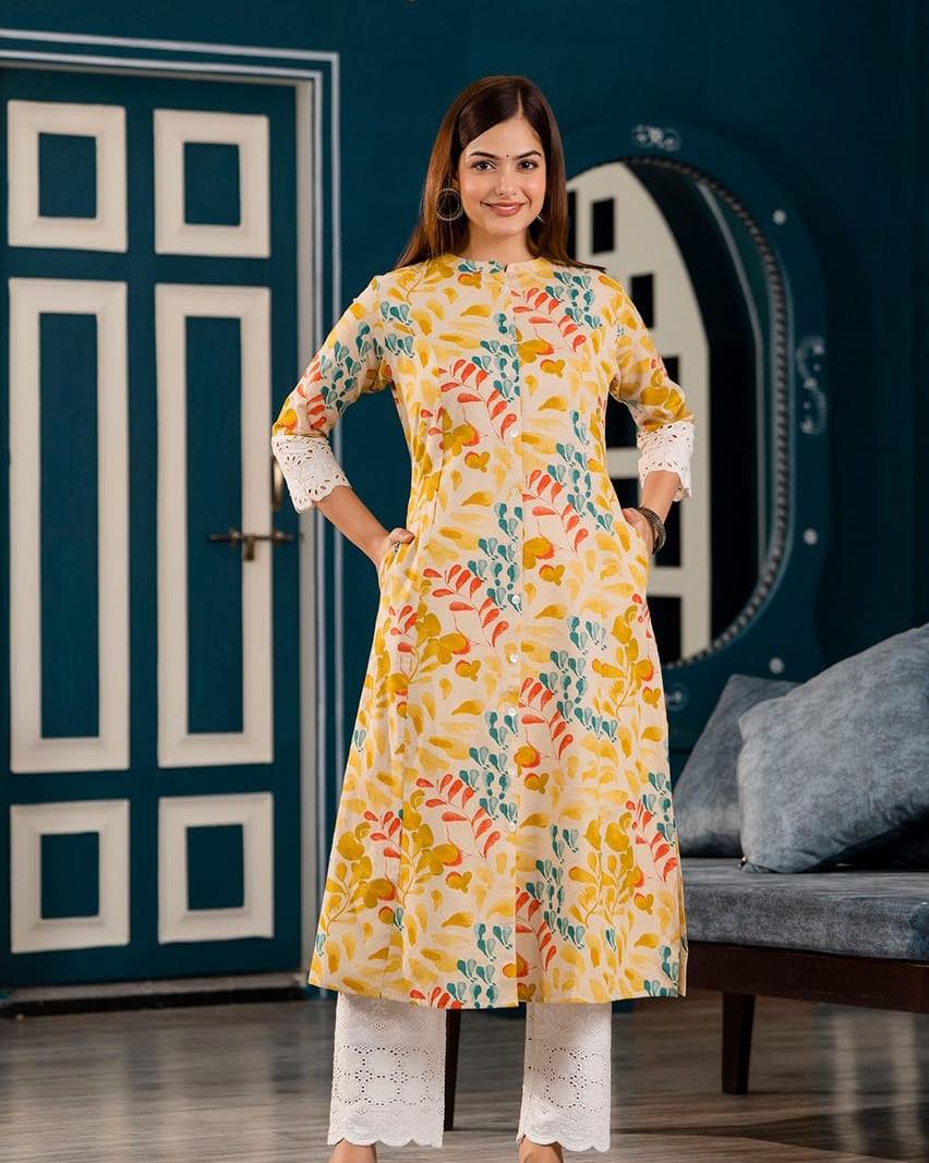 Yellow Princess Cut Kurti with Crochet sleeves Orchids Boutique