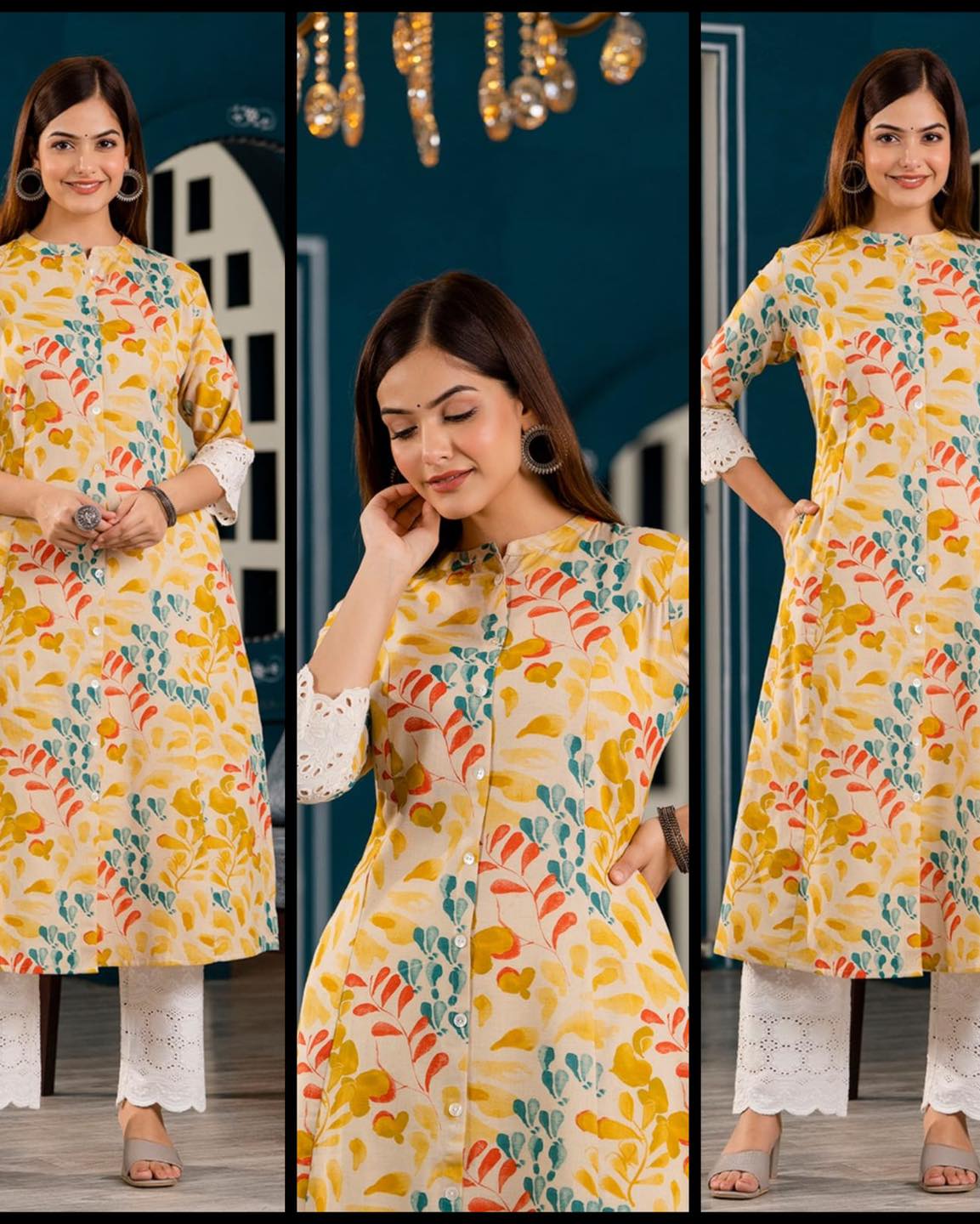 Yellow Princess Cut Kurti with Crochet sleeves Orchids Boutique